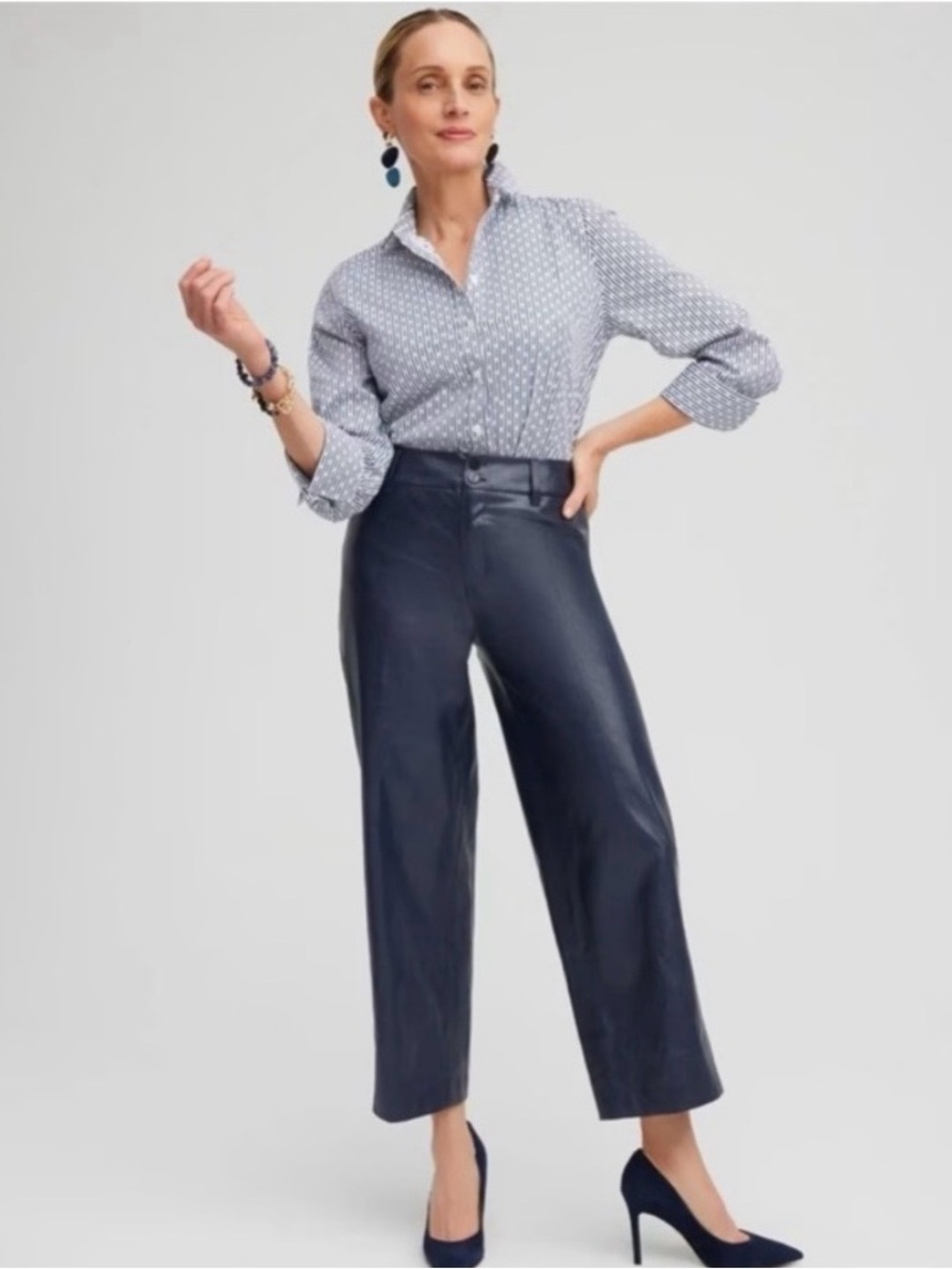 Chico’s Navy Faux Leather Wide Leg Ankle Pants Size 3 (US 16R) NWT